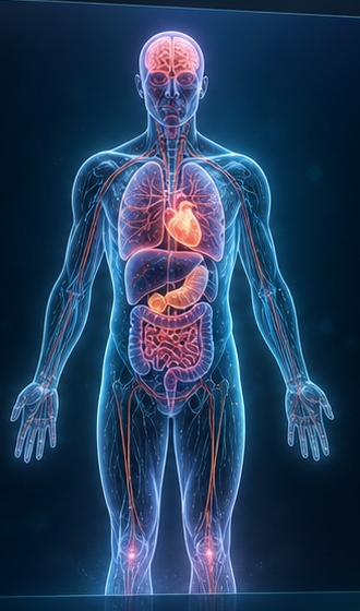 Translucent anatomical figure; glowing rings mark systems named in the quoted agency sources